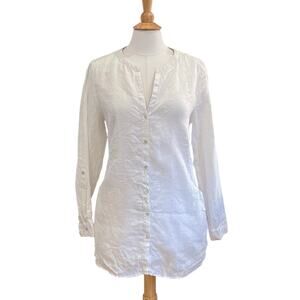 Sigrid Olsen White Linen V-Neck Button Down Shirt/Tunic Roll Tab Sleeve, L